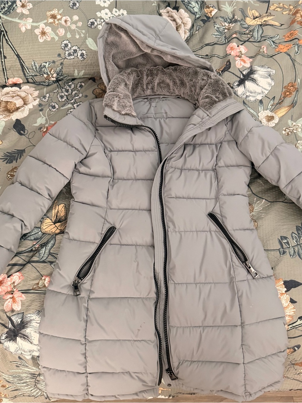Andrew Marc Light Gray Hooded Quilted Puffer Coat